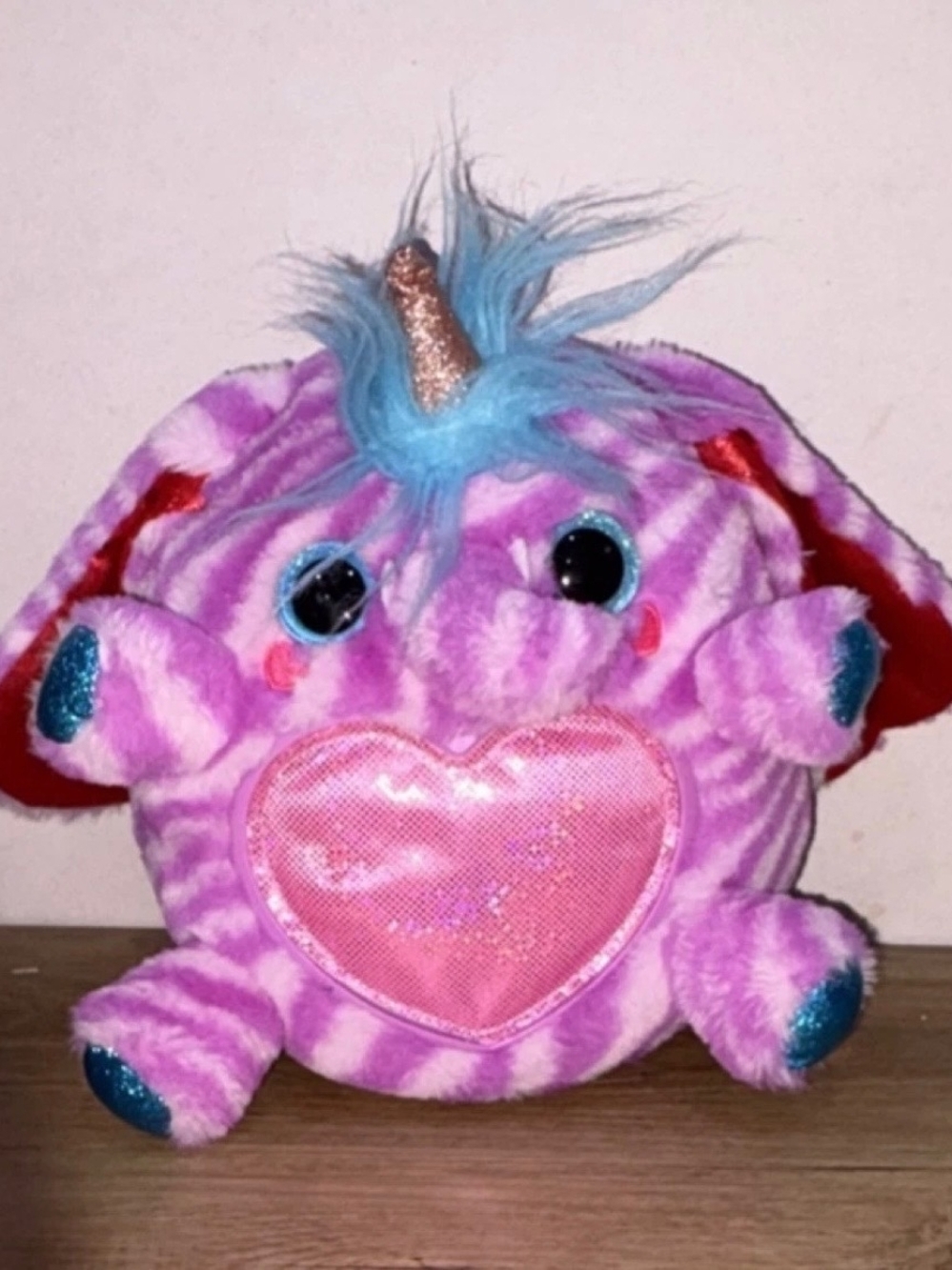 Plush Pink Purple Striped Heart Unicorn Stuffed Animal